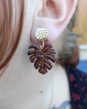 Boucles d'oreilles clous Monstera turquoise rouge